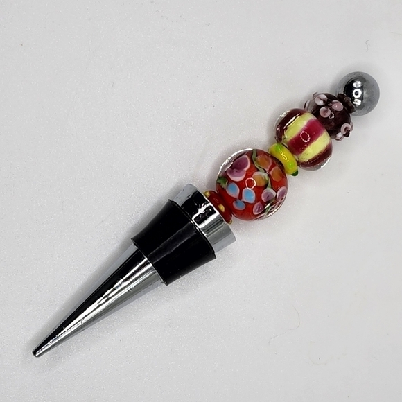 LSArts Art Glass Wine Bottle Stopper Red Floral Whimsical - Picture 2 of 3